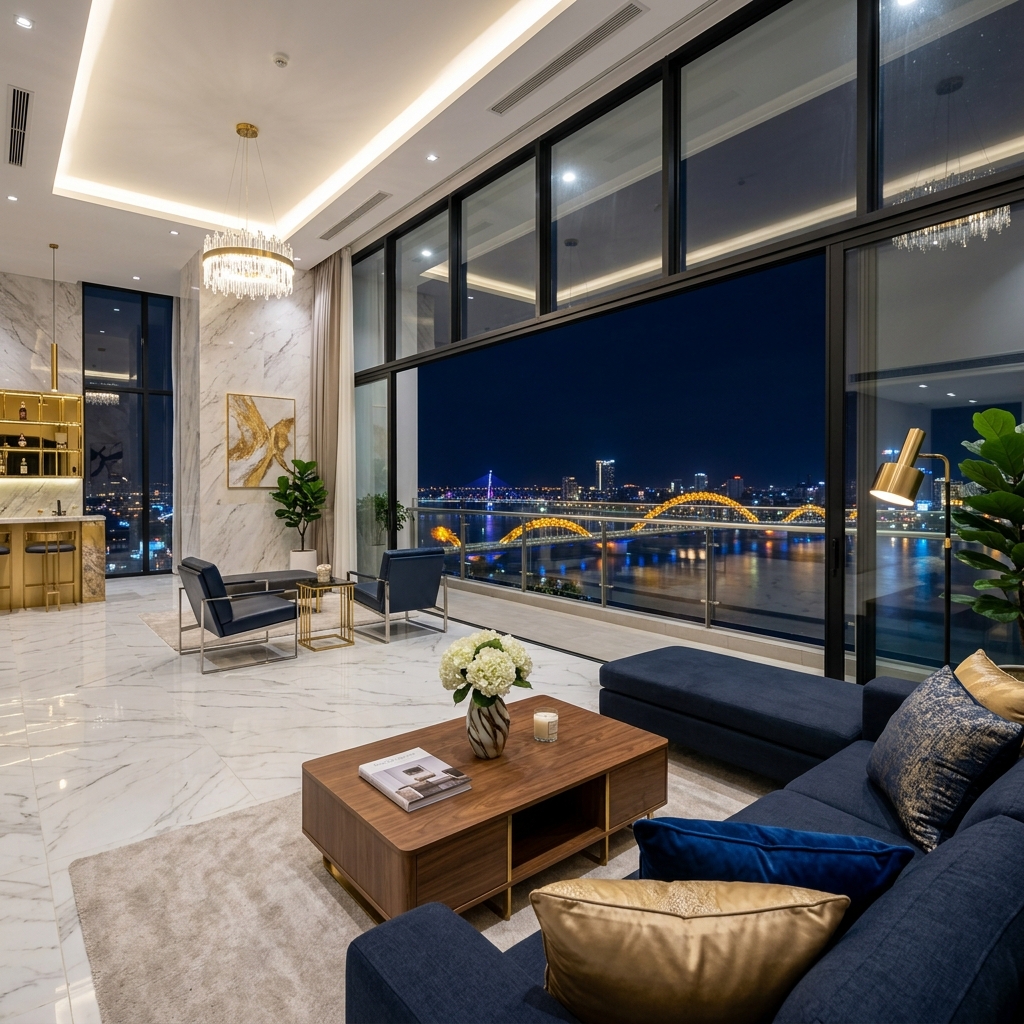 Nội thất phòng khách sang trọng view Cầu Rồng